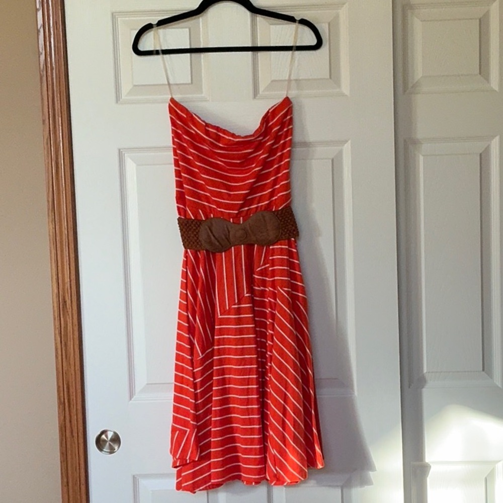Orange and White Striped Dress with Brown Belt